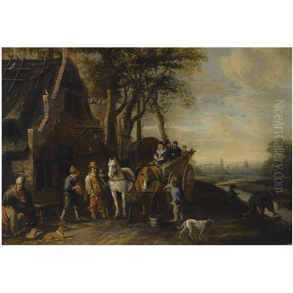 Travellers In A Horse-drawn Wagon And Other Figures Outside An Inn, A View Of Delft With The Oude And Nieuwe Kerk Beyond Oil Painting by Anthonie Palamedesz