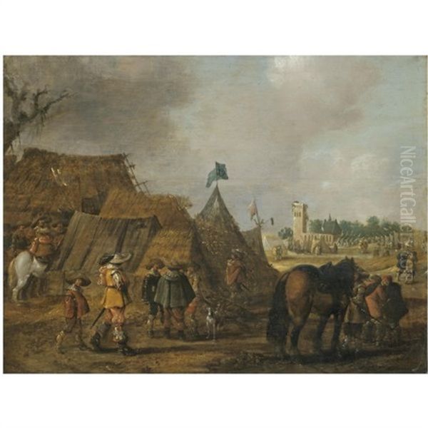 A Military Encampment With Cavaliers And Horses In The Foreground Oil Painting by Anthonie Palamedesz