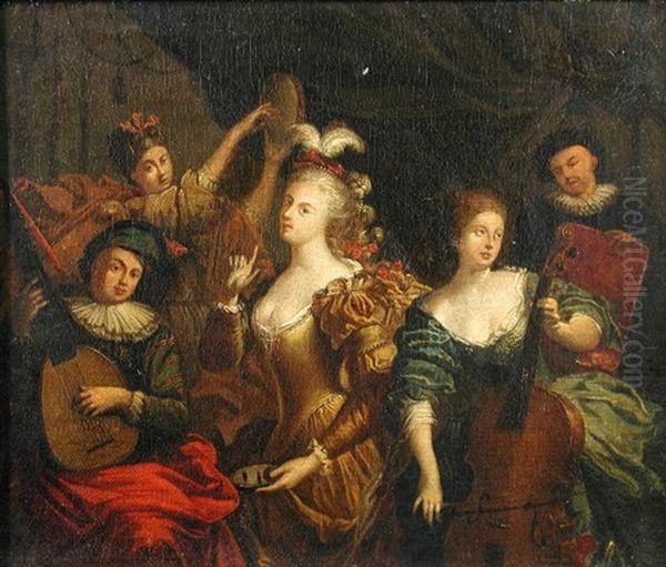 Musicians Merrymaking (+ Courtesans In A Bordello; Pair) Oil Painting by Anthonie Palamedesz