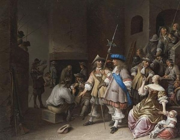 A Guardroom Interior With A Company Of Pikemen, Card Players And A Woman And Child Oil Painting by Anthonie Palamedesz