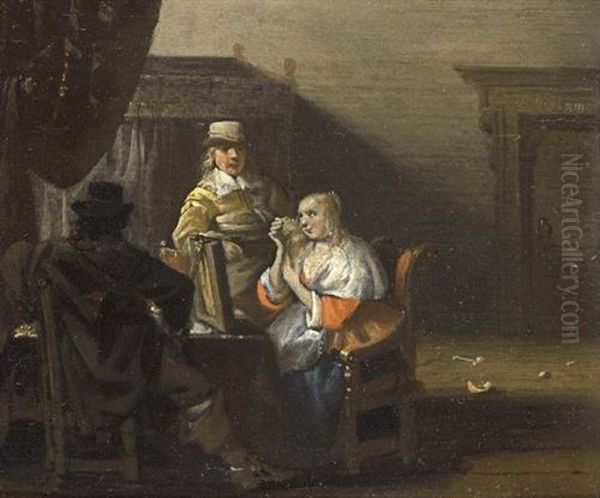 A Brothel Scene With A Lady Seated In Front Of A Mirror Combing Her Hair, And Two Men Around A Table Oil Painting by Anthonie Palamedesz