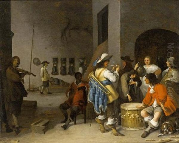 A Kortegaardje With Soldiers Smoking And Playing Dice On A Drum, Together With A Servant And Violin Player In A Guardroom Oil Painting by Anthonie Palamedesz