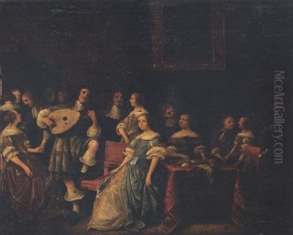 An Elegant Company Making Music In An Interior Oil Painting by Anthonie Palamedesz