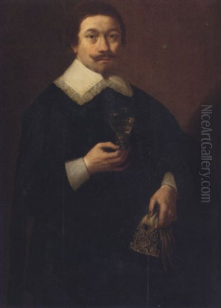 Portrait Of A Gentleman Holding A Roemer In His Right Hand And Gloves In His Left Hand Oil Painting by Anthonie Palamedesz