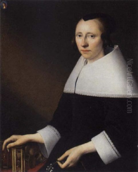 Portrait Of A Lady, Aged 38, In A Black Dress With A White Falling Collar And Cuffs, With A Medallion Of A Man Oil Painting by Anthonie Palamedesz