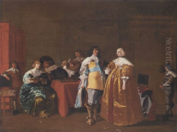 An Elegant Company Drinking And Playing Backgammon In An Interior Oil Painting by Anthonie Palamedesz