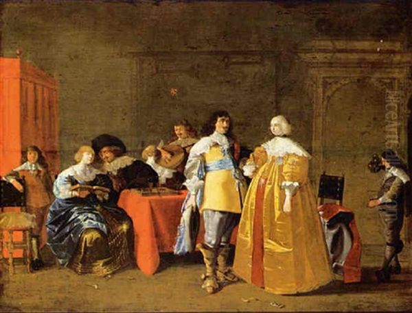 Elegant Figures Drinking, Making Music And Playing Backgammon In An Interior Oil Painting by Anthonie Palamedesz