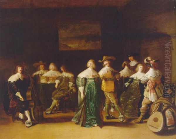 Elegant Company Dancing In An Interior Oil Painting by Anthonie Palamedesz