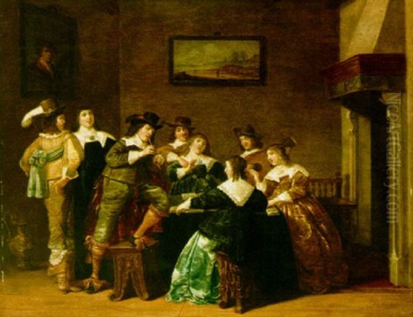 An Elegant Company Playing Music In An Interior Oil Painting by Anthonie Palamedesz