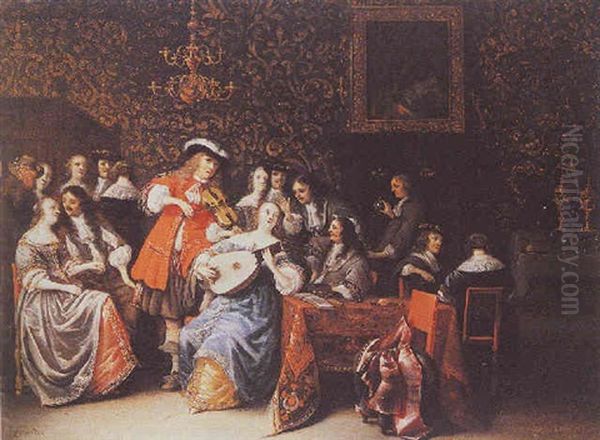 An Elegant Company Playing Music And Merrymaking In An Interior Oil Painting by Anthonie Palamedesz