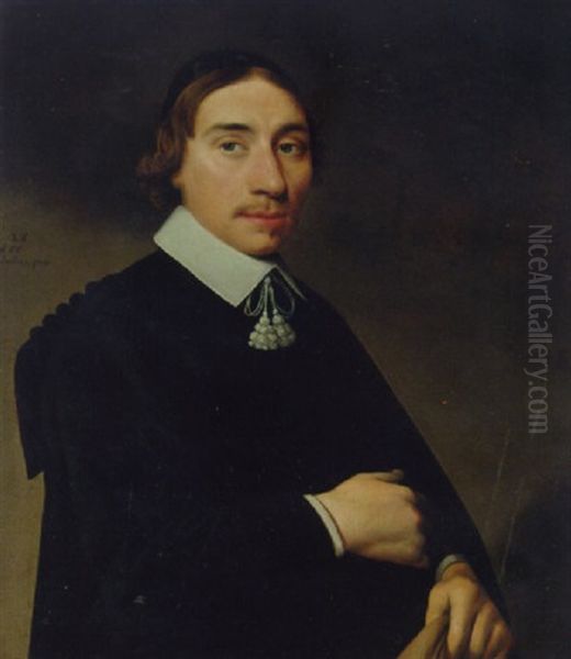 Portrait Of A Gentleman In A Black Gown And A Black Skull Cap, His Coat In His Left Hand Oil Painting by Anthonie Palamedesz