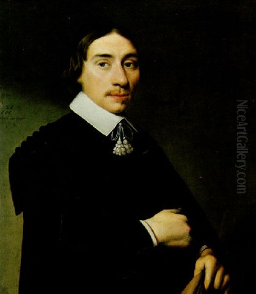 A Portrait Of A Gentleman, Dressed In A Black Cloak And White Collar Oil Painting by Anthonie Palamedesz