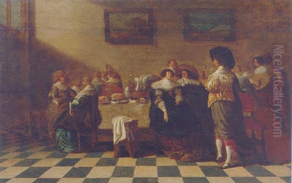 A Servant Offering A Glass Of Wine To An Elegant Couple Sitting By A Table Laden With Pastries Oil Painting by Anthonie Palamedesz