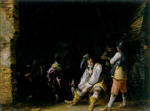 A Kortegaardje: An Officer Dressing In A Guardroom With A Moorish Servant And A Piekenier Nearby Oil Painting by Anthonie Palamedesz