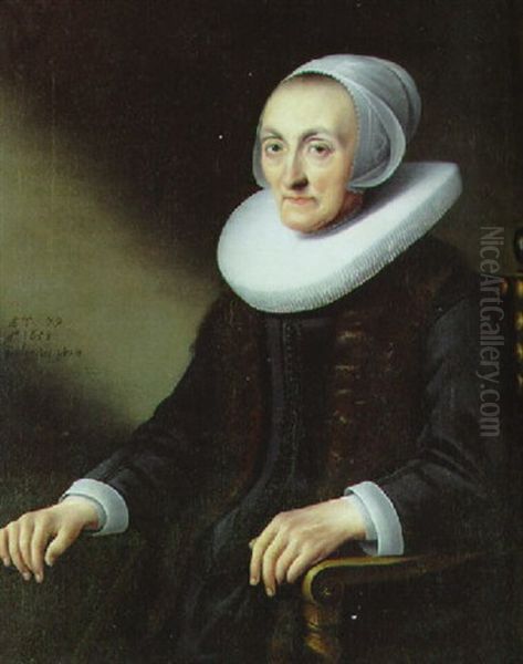 Portrait Of A Lady, Seated Half-length, In A Black Dress And A Fur Scarf, With A Ruff Oil Painting by Anthonie Palamedesz