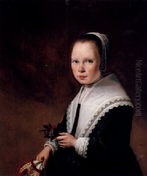 Portrait Of A Girl, Three Quarter Length, Holding Flowers In One Hand And Her Purse In The Other Oil Painting by Anthonie Palamedesz