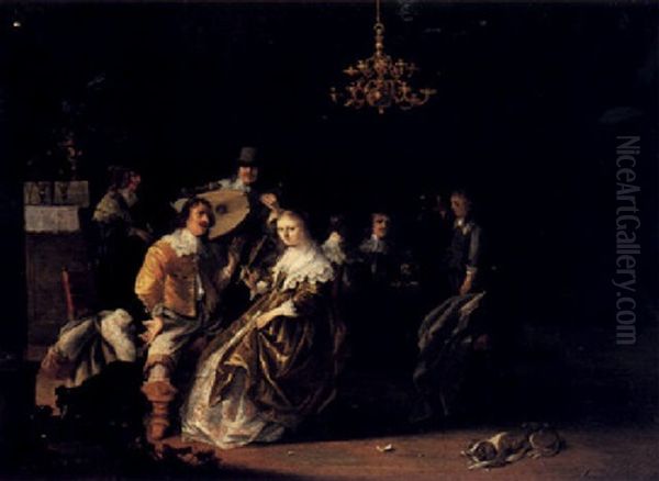 An Interior With Elegant Company Drinking And Making Music Gathered Round A Table Oil Painting by Anthonie Palamedesz