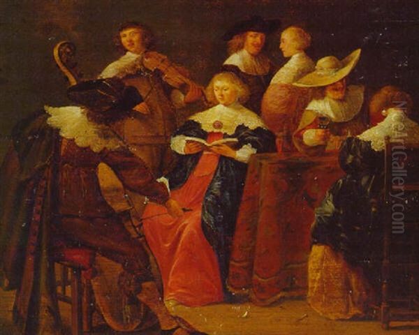 Elegant Company Drinking And Making Music In An Interior Oil Painting by Anthonie Palamedesz