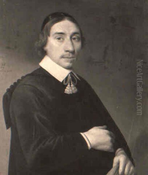 Portrait Of A Gentleman, Aged 28, Standing Half-length, Wearing A Black Coat Oil Painting by Anthonie Palamedesz