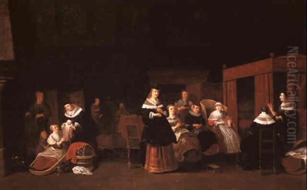 Interior With Women Attending To A Newborn Child Oil Painting by Anthonie Palamedesz