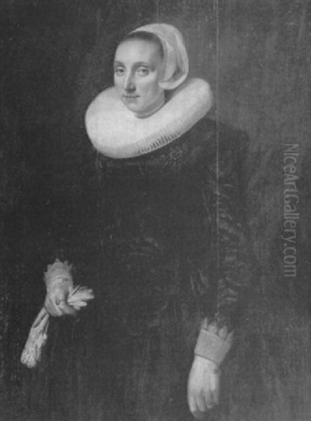 Portrait Of A Lady, Aged 30, Standing Three-quarter Length  Wearing A Black Embroidered Dress With A White Ruff Oil Painting by Anthonie Palamedesz