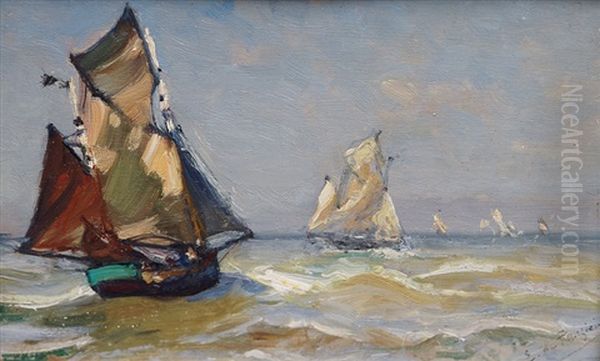 Sailboats On The High Seas Oil Painting by Edmond (Falconnet) de Palezieux