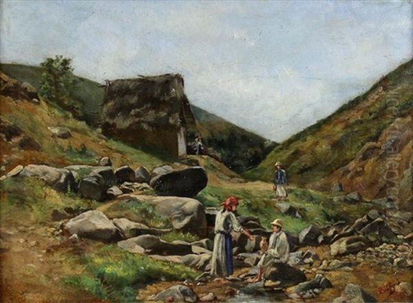 Figures In A Rocky Landscape Oil Painting by Jozsef Palfy