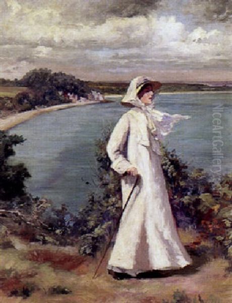 Ung Pige I Lang Lys Kjole Ser Ud Over Havet Oil Painting by William Mainwaring Palin