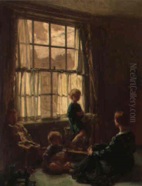 Interior, Moder Siddende Med Tre Born Legende Med Gyngehest Og Dukker+ Oil Painting by William Mainwaring Palin