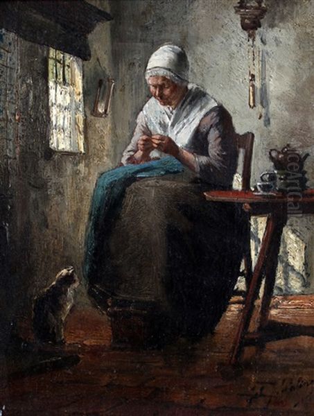 Een Interieur Met Handwerkende Vrouw Oil Painting by Johannes Jacobus Paling