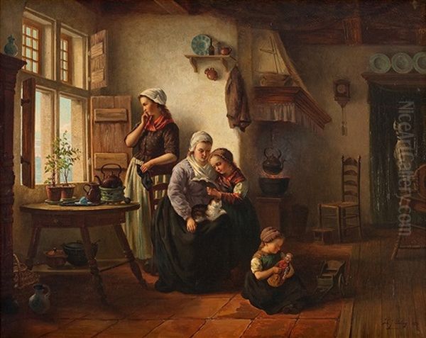 Interieur Mit Zwei Frauen Und Zwei Madchen Oil Painting by Johannes Jacobus Paling