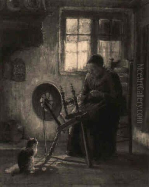 A Peasant Woman At A Spinning Wheel In An Interior Oil Painting by Johannes Jacobus Paling