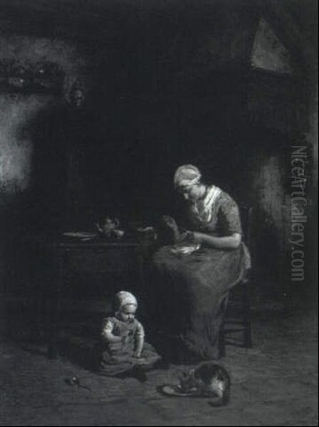 Dutch Cottage Interior With Mother And Child Oil Painting by Johannes Jacobus Paling