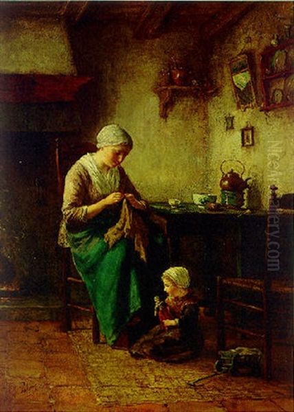 A Serene Cottage Interior Scene With Young Mother And Child Oil Painting by Johannes Jacobus Paling