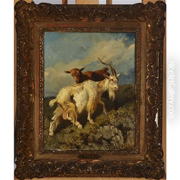 Goat With Kid On A Mountainside Oil Painting by Filippo Palizzi