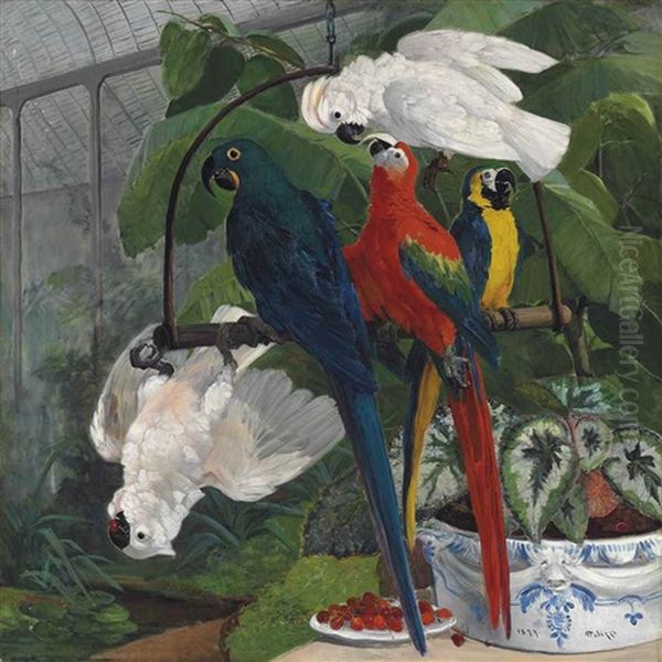 Parrots In A Tropical Glasshouse Oil Painting by Filippo Palizzi