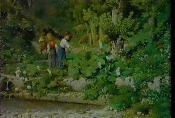 Three Children In A Garden Oil Painting by Filippo Palizzi