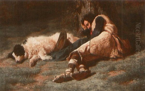 A Sleeping Shepherd And His Dog Oil Painting by Filippo Palizzi