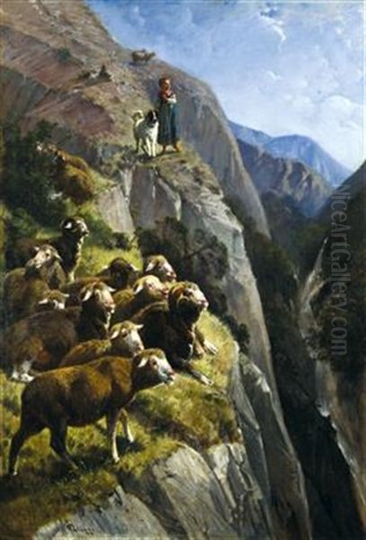 Shepherdess With Cattle Oil Painting by Giuseppe Palizzi