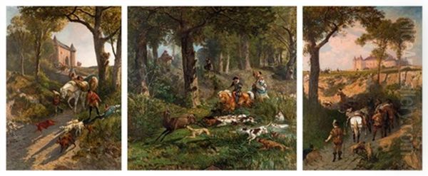 Scene De Chasse A Courre, Depart Pour La Chasse Et Le Retour De La Chasse Suite De Trois Oil Painting by Giuseppe Palizzi