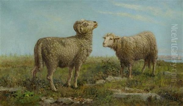 Schafsbock Und Schaf Vor Einer Weiten Seelandschaft Oil Painting by Giuseppe Palizzi