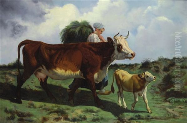 Contadina, Mucca E Vitellino Oil Painting by Giuseppe Palizzi