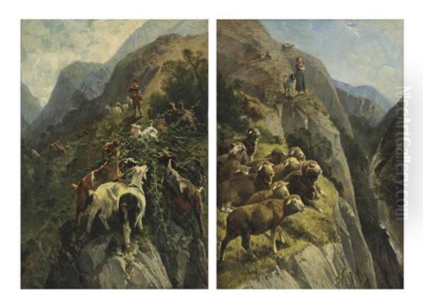 A Shepherdess With Her Flock In The Mountains (+ A Shepherd With His Goats In The Mountains; Pair) Oil Painting by Giuseppe Palizzi