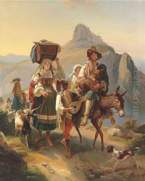 Italienische Bauernfamilie Auf Wanderschaft Oil Painting by Giuseppe Palizzi