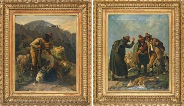 Berger Et Porteuse D'eau (+ Marchands De Moutons; Pair) Oil Painting by Giuseppe Palizzi