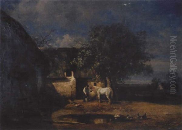 Bauerngehoft Mit Ententeich, Bauer Und Schimmel Oil Painting by Giuseppe Palizzi