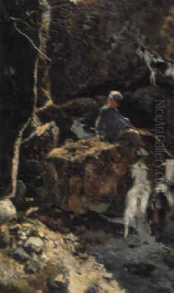 A Goatherd In A Rocky Landscape Oil Painting by Giuseppe Palizzi