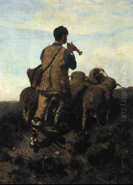 A Shepherd Playing His Flute With His Flock Oil Painting by Giuseppe Palizzi