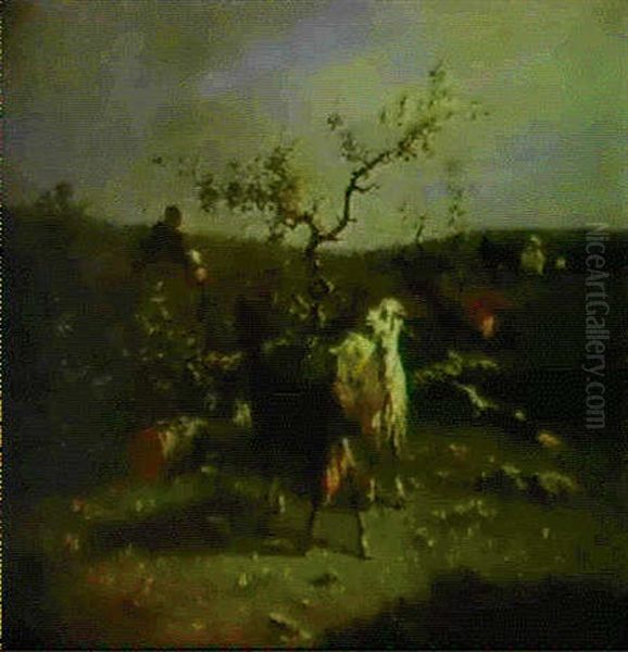 A Herd Of Goats By A Tree Trunk Oil Painting by Giuseppe Palizzi