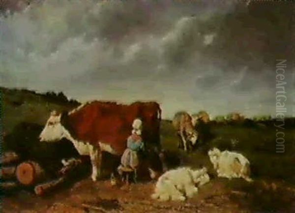 Milking The Cow Oil Painting by Giuseppe Palizzi